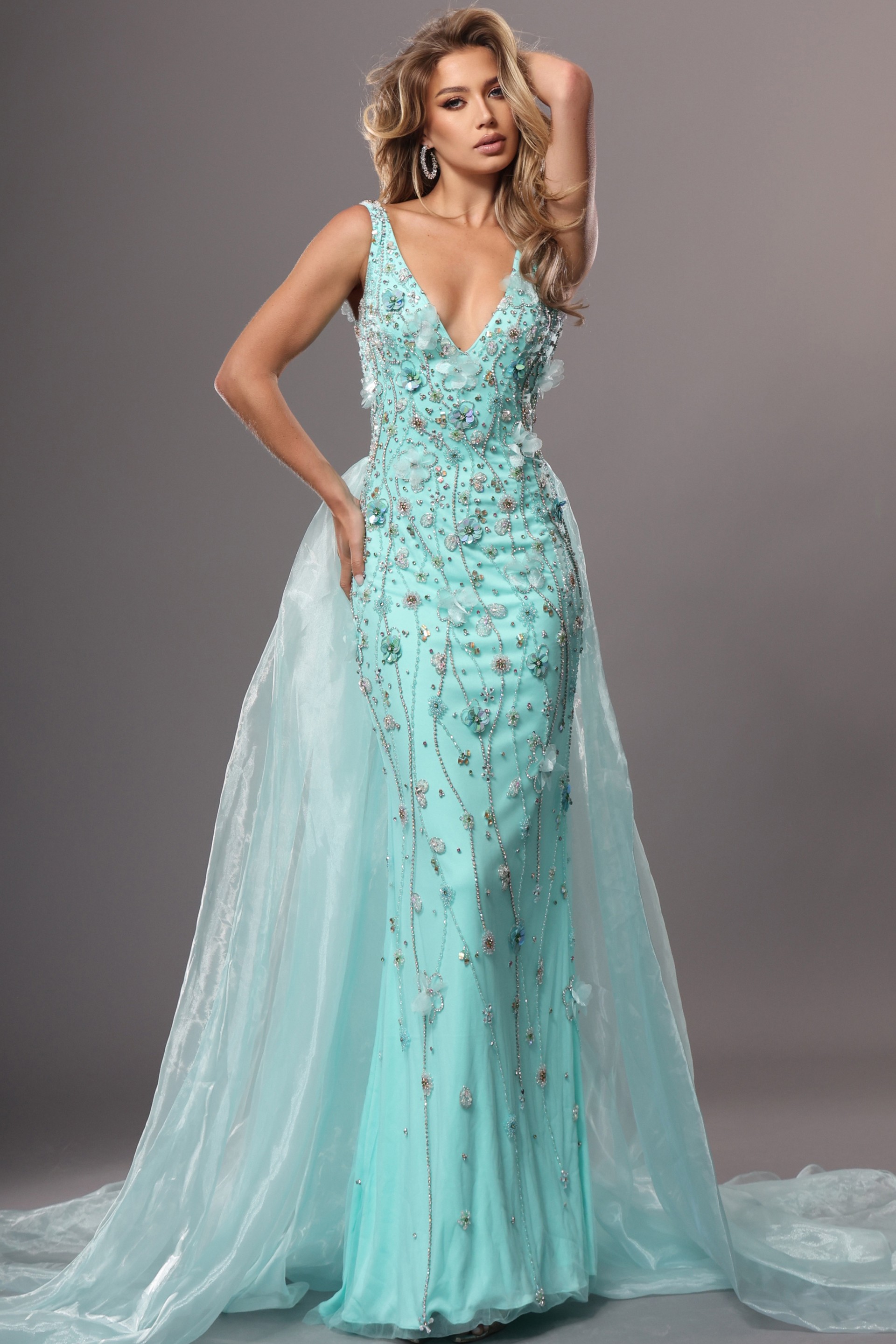aqua trumpet long dress with v neck beaded 3d flowers sheer train
