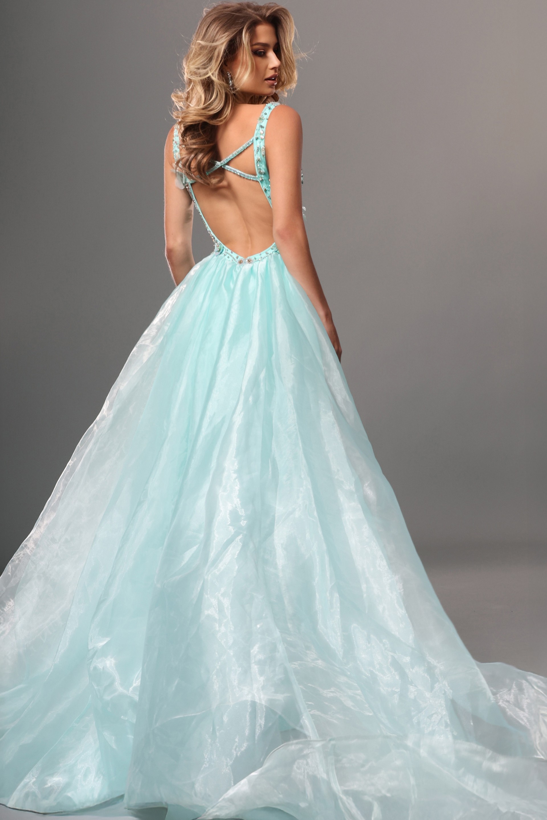 aqua trumpet long dress with v neck beaded 3d flowers sheer train