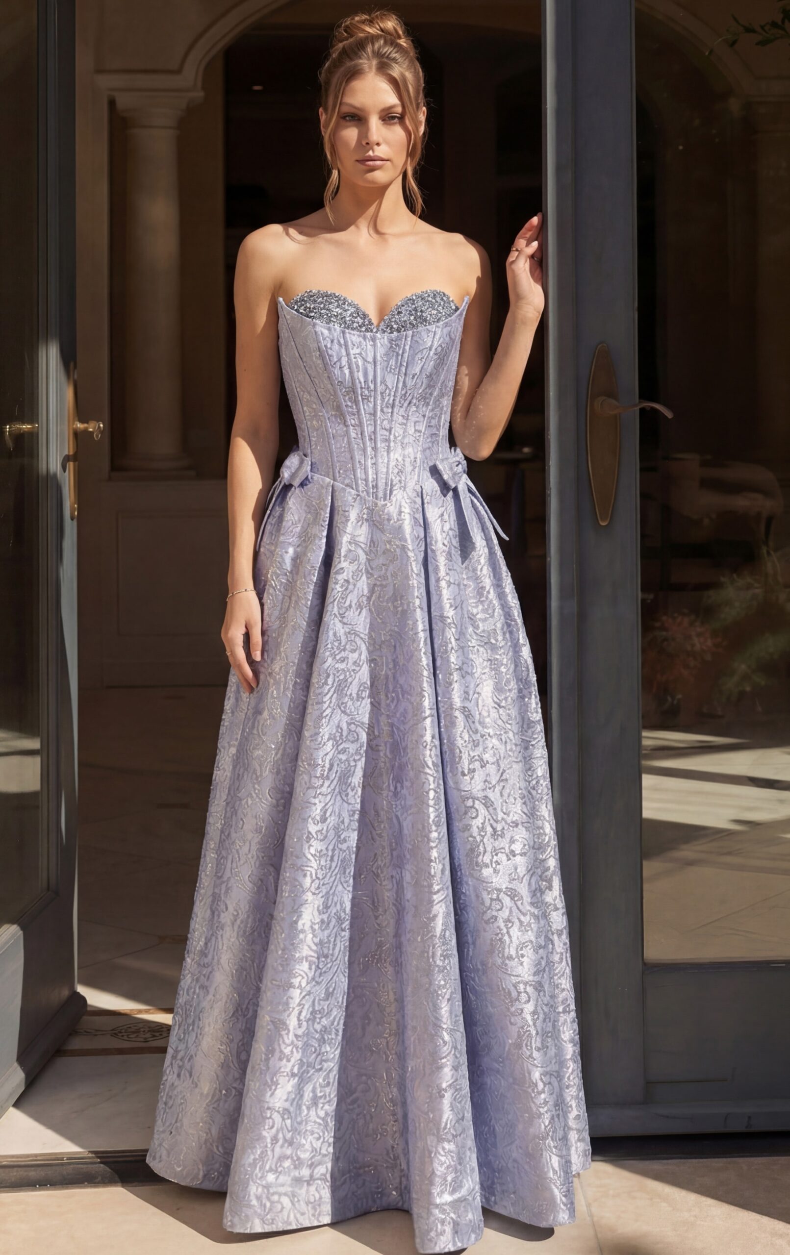 fitted sequin prom dress front view with spaghetti straps and deep v neckline