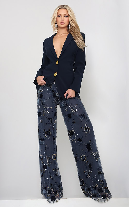 Jovani style 52096 navy beaded blazer jumpsuit with plunging neckline, gold buttons and sheer embellished wide leg pants, front view
