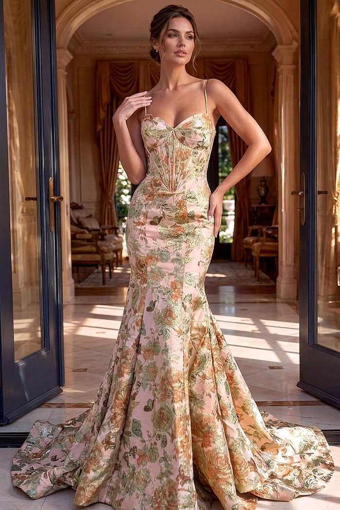 Fitted floral gown with flared skirt