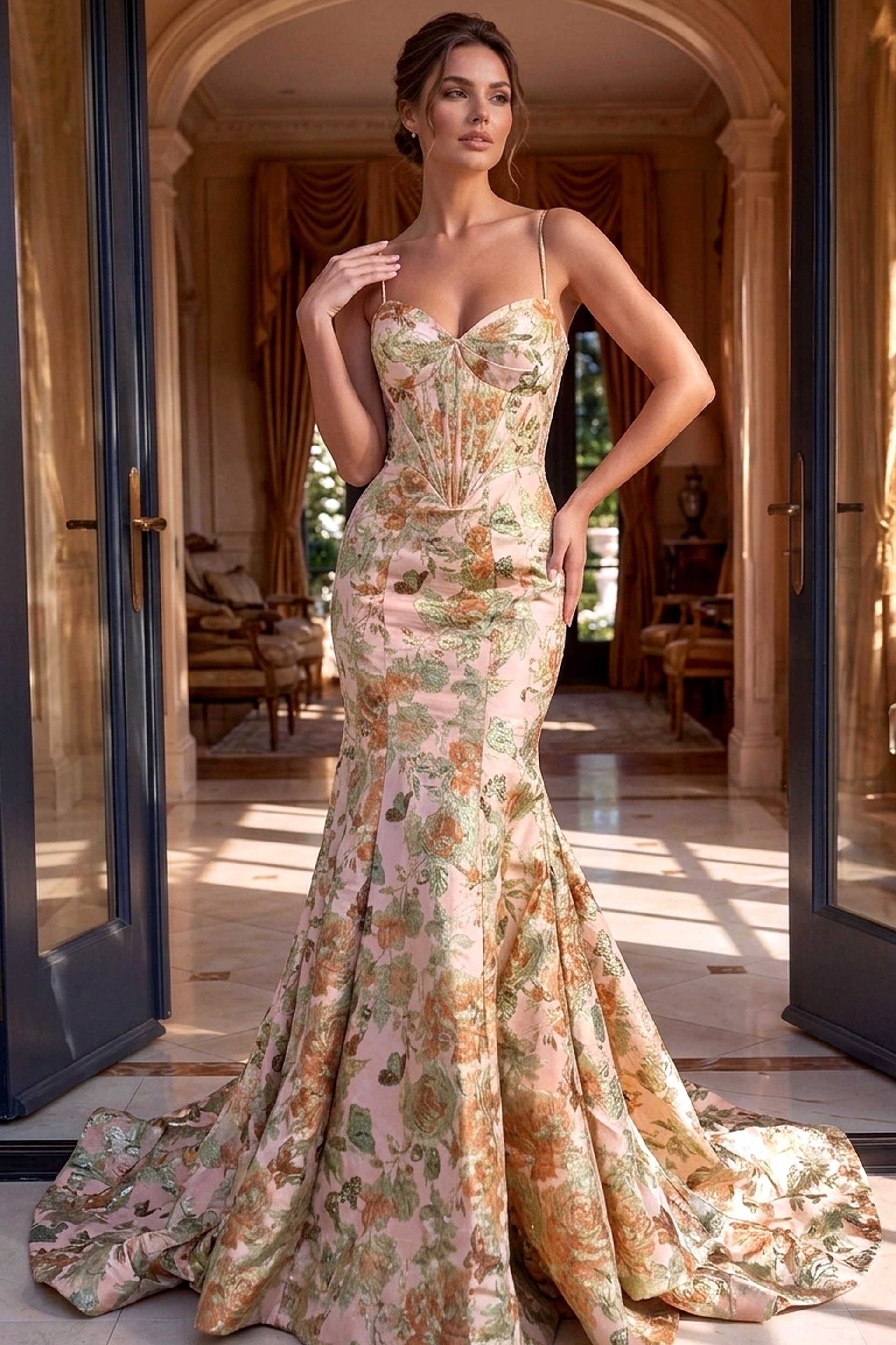 Fitted floral gown with flared skirt