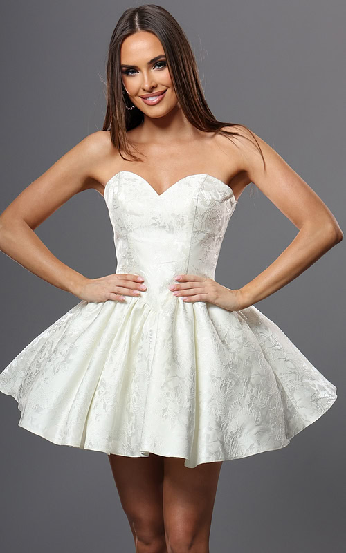 white fit and flare mini dress with strapless sweetheart neck floral jaquard