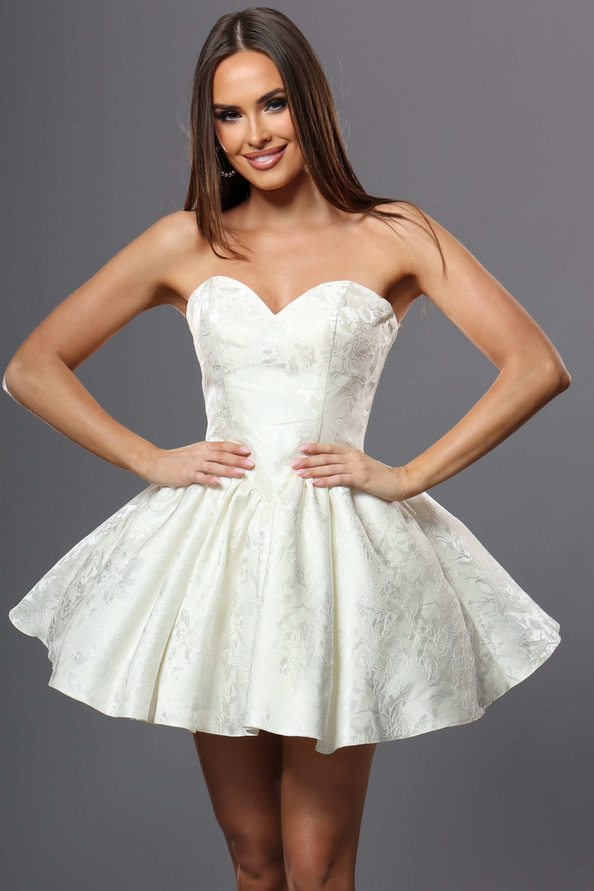 white fit and flare mini dress with strapless sweetheart neck floral jaquard
