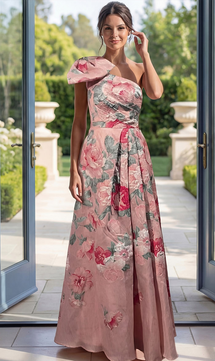 pink floral brocade one shoulder A line gown with oversized bow detail