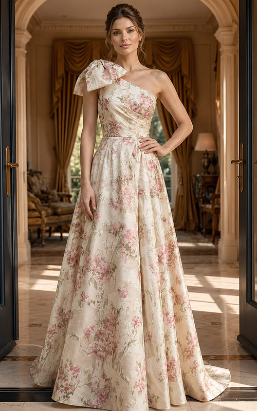 beige and pink floral print one shoulder A line gown with bow detail