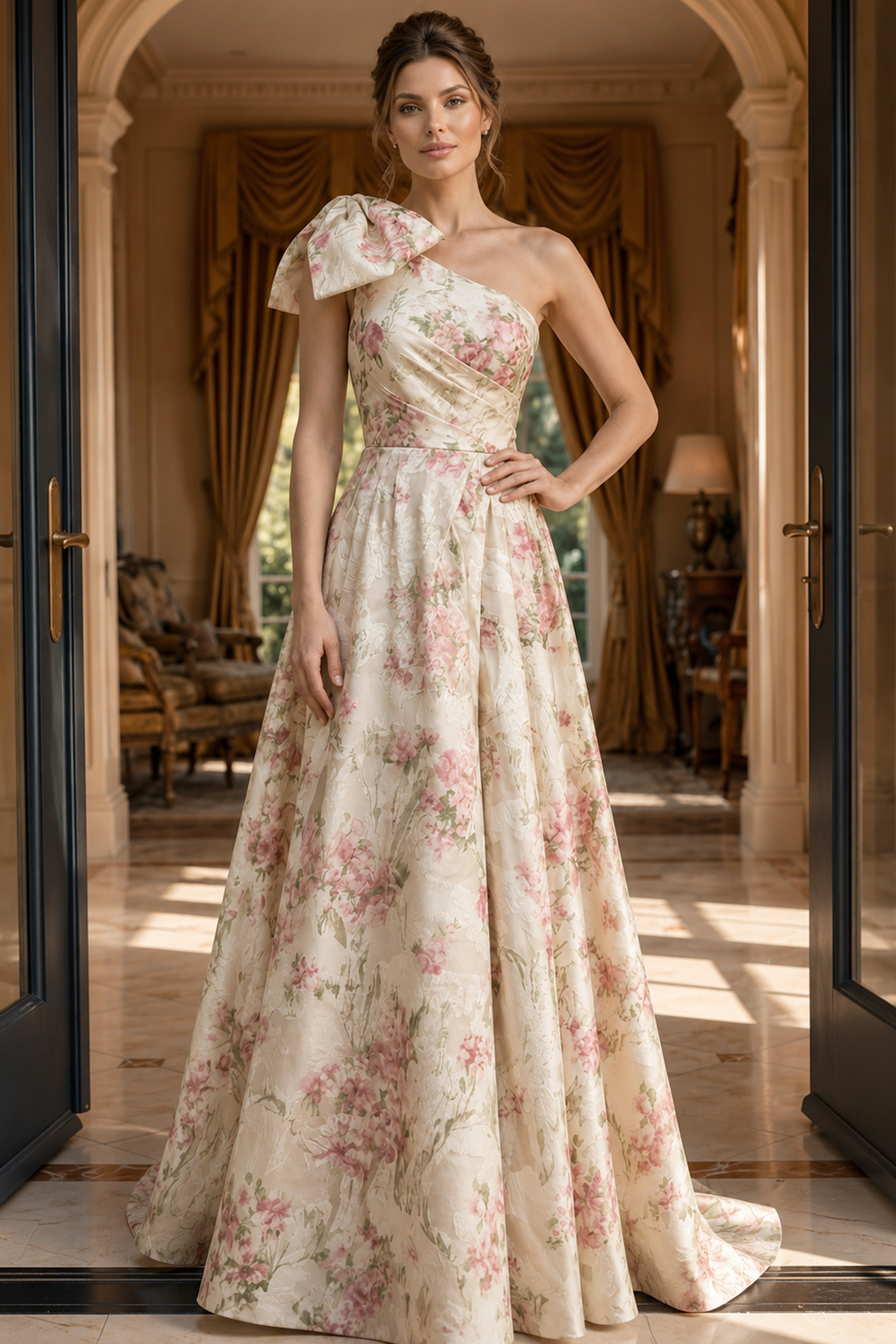 beige and pink floral print one shoulder A line gown with bow detail