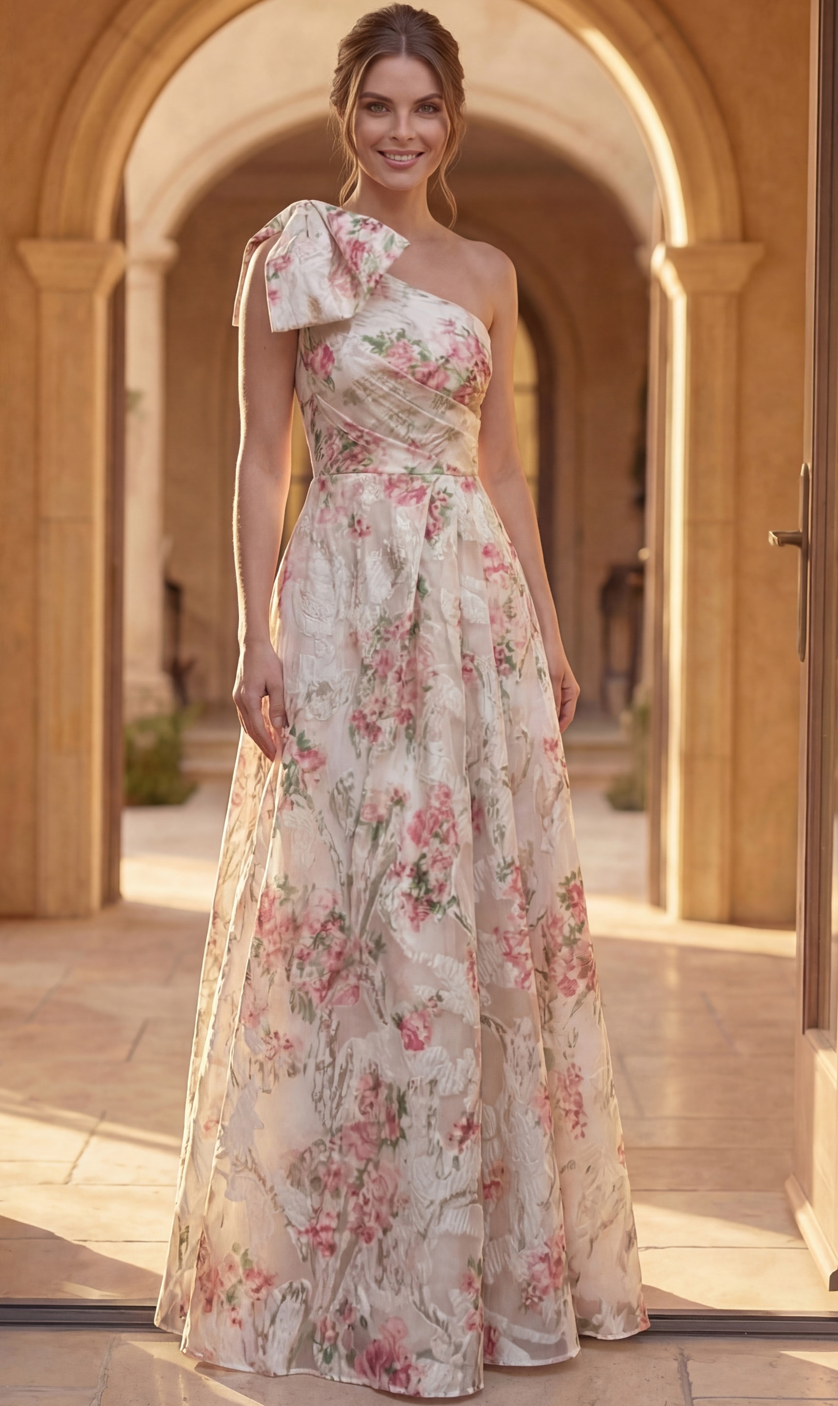 beige and pink floral print one shoulder A line gown with bow detail