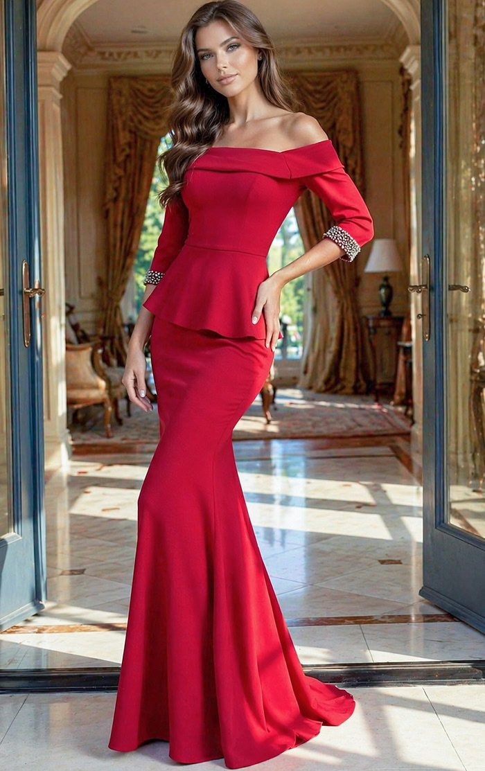 red off shoulder peplum gown with beaded sleeve cuffs and mermaid skirt