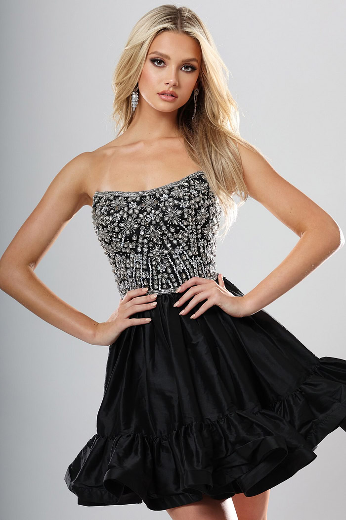 Jovani style 52439 black and silver beaded corset short homecoming dress with straight neckline and tiered ruffle skirt, front view