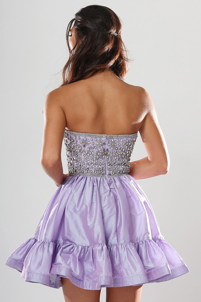 Jovani style 52439 lilac and silver beaded corset short homecoming dress with straight neckline and tiered ruffle skirt, front view