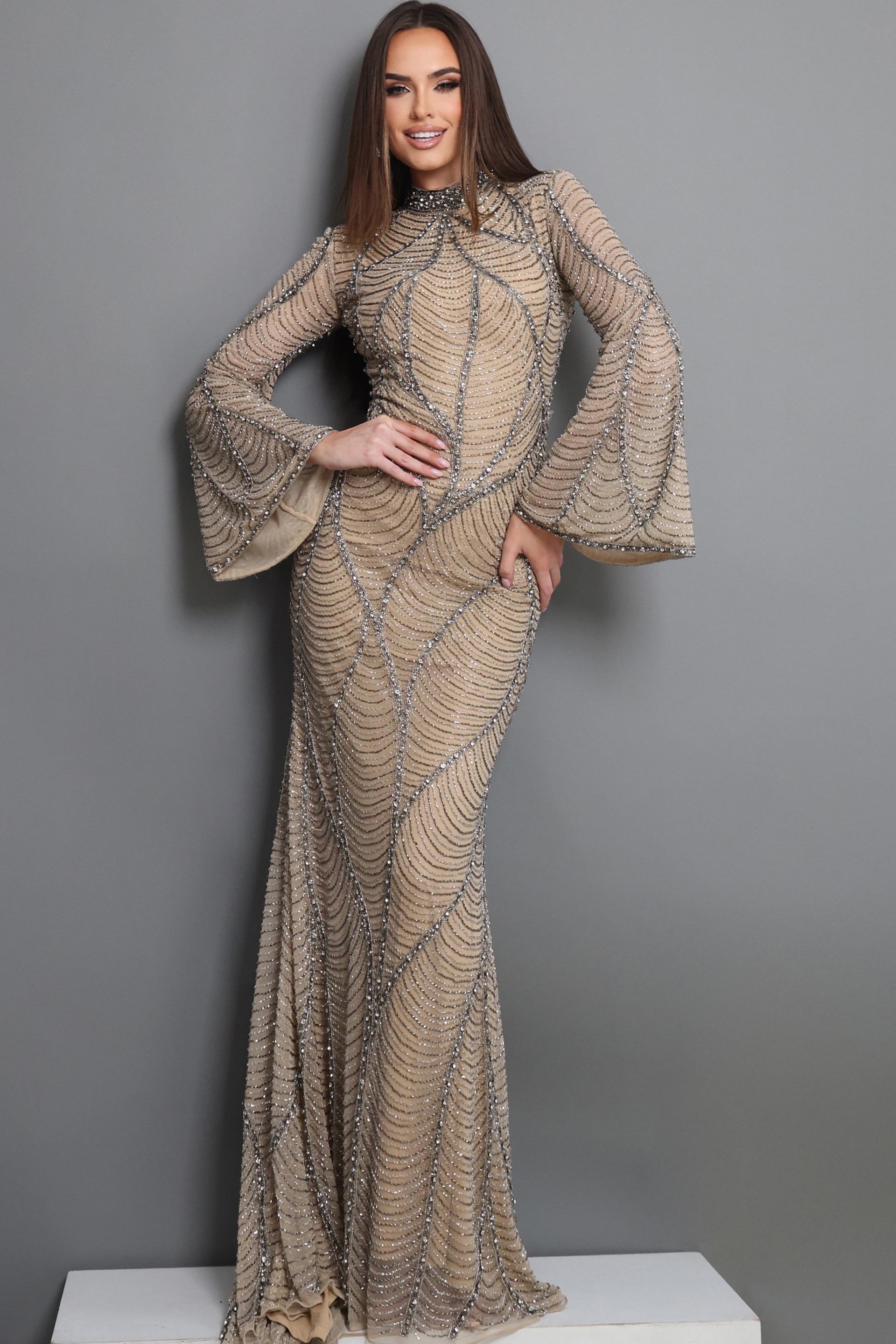 nude sheath long dress with high neck bell sleeve beaded pattern