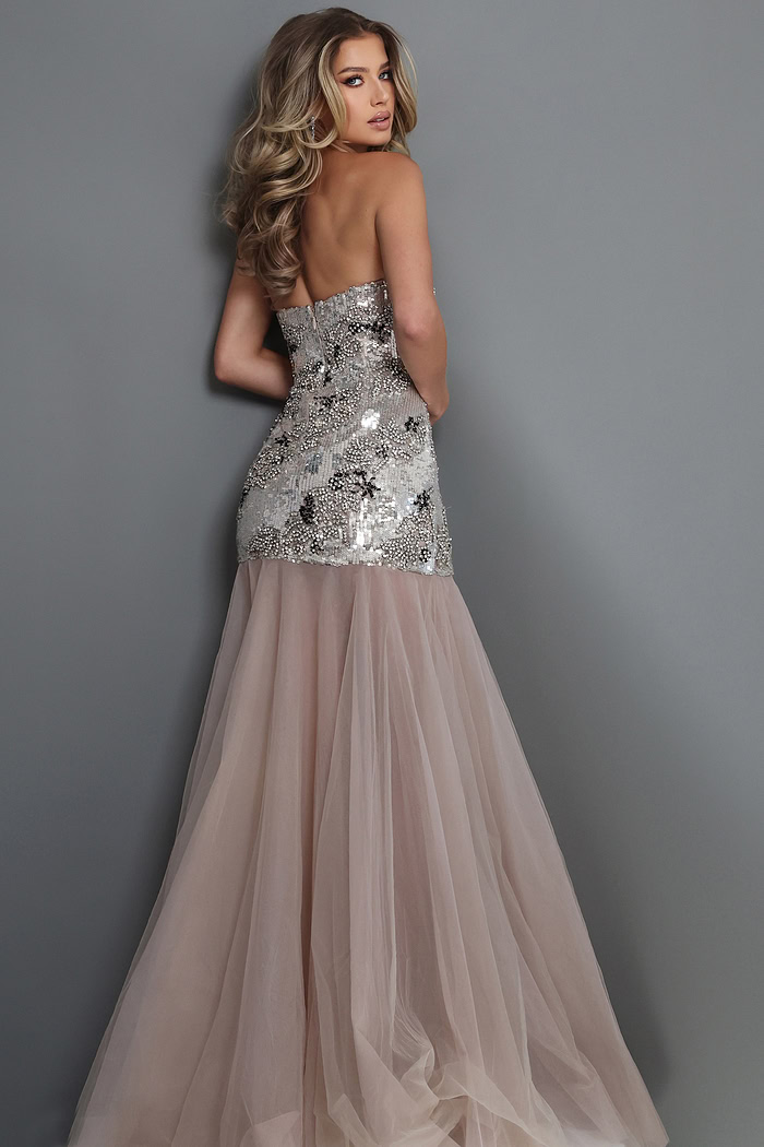 elegant strapless evening gown featuring an intricately beaded fitted silhouette