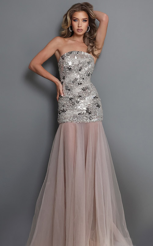 silver gown with a strapless neckline, ornate floral beadwork, and a sheer layered tulle