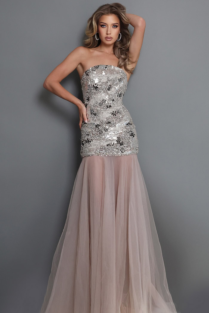 silver gown with a strapless neckline, ornate floral beadwork, and a sheer layered tulle