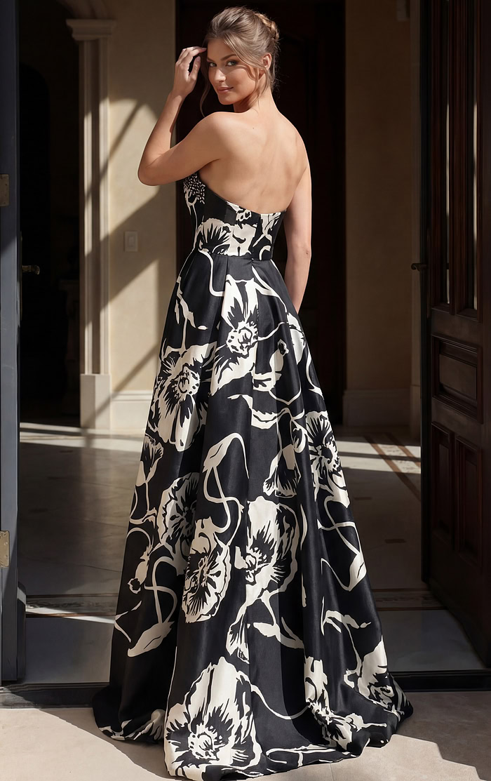 back view of black and white floral print strapless ball gown