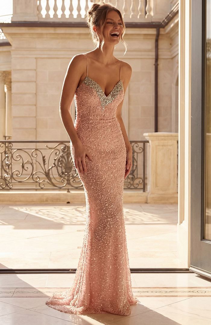 Blush Pink Beaded Mermaid Prom Dress 52671