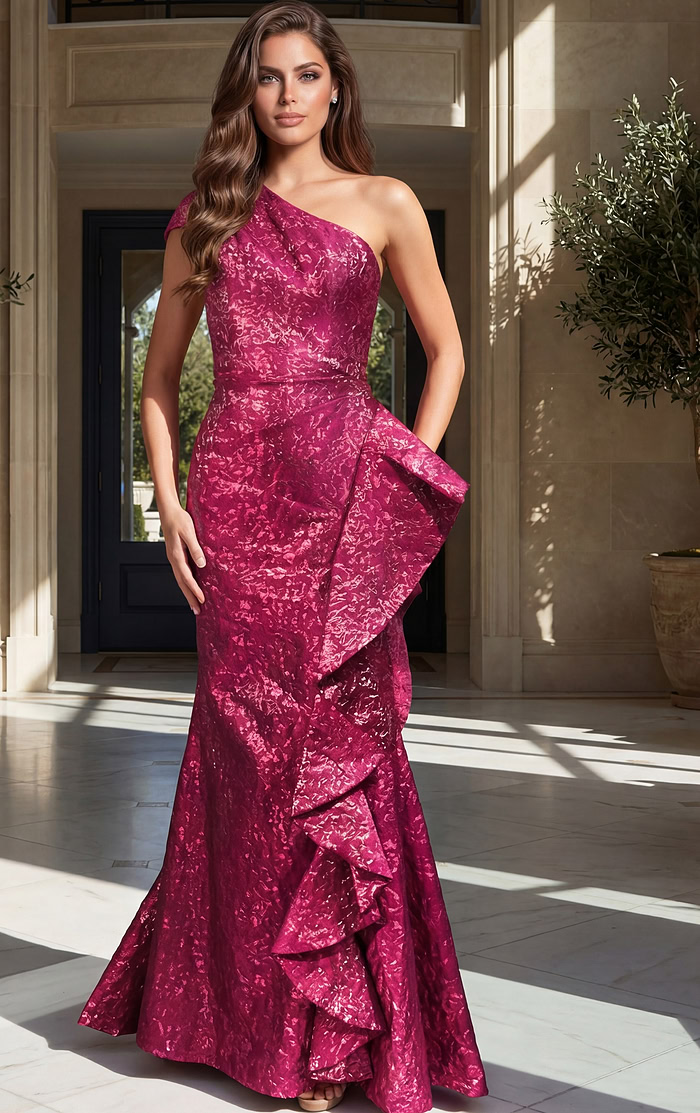 magenta brocade strapless mermaid gown with side ruffle detail