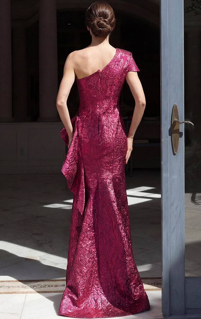 magenta brocade strapless mermaid gown with side ruffle detail