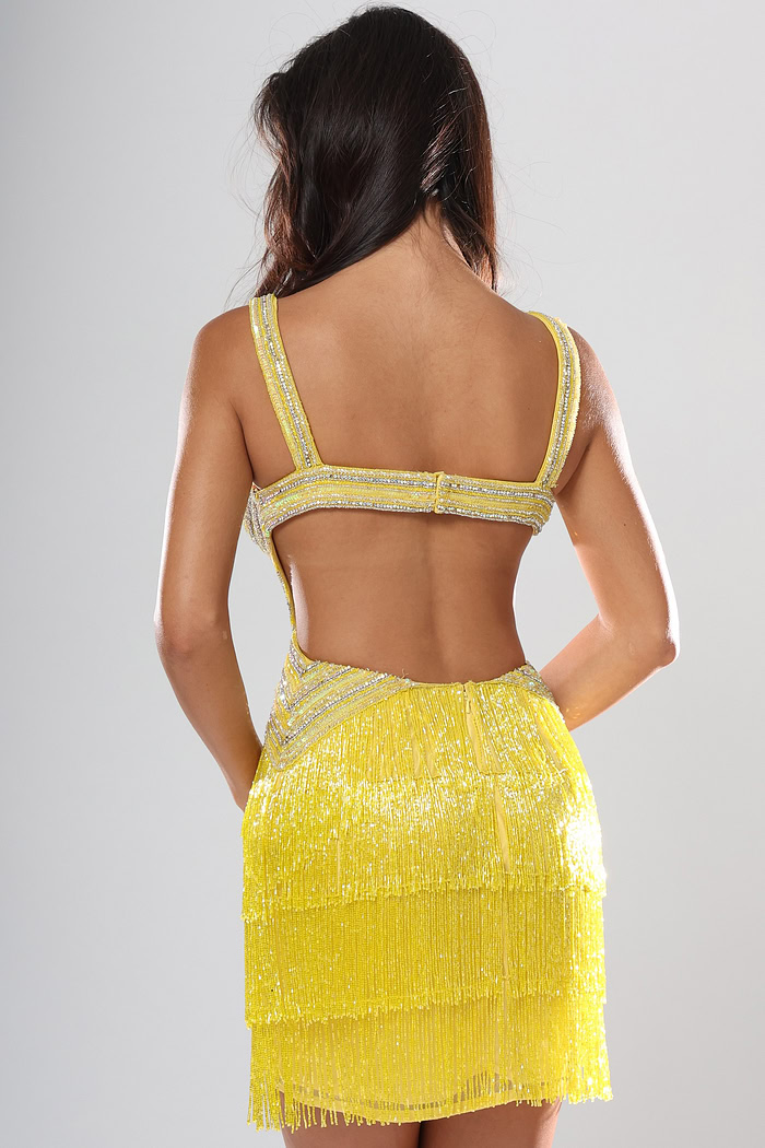 back view of yellow beaded fringe short homecoming dress with plunging V neckline and crossover waist, Jovani style 53565