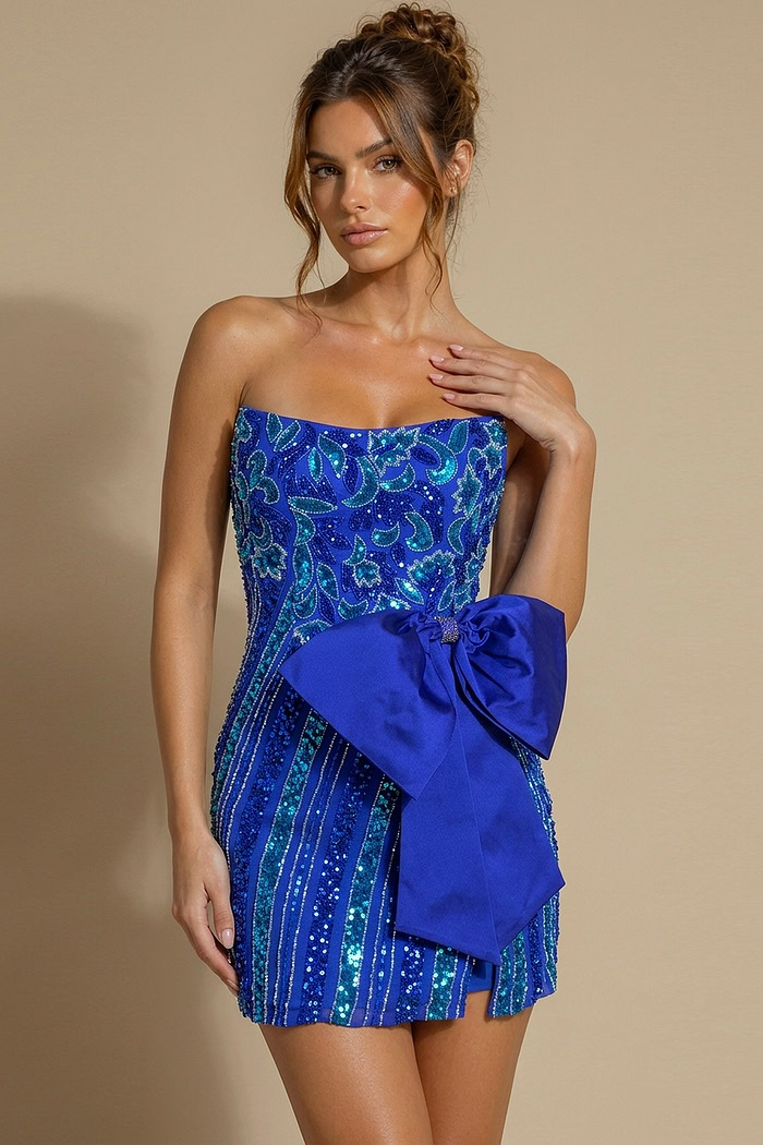 royal blue sequin strapless mini dress with embroidered detailing and oversized side bow