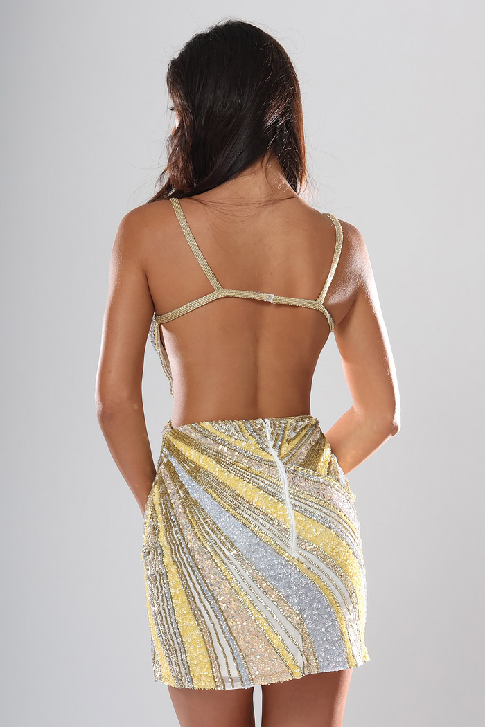back view of ivory swirl sequin short homecoming dress with plunging V neckline, spaghetti straps and side cutouts, Jovani style 53768