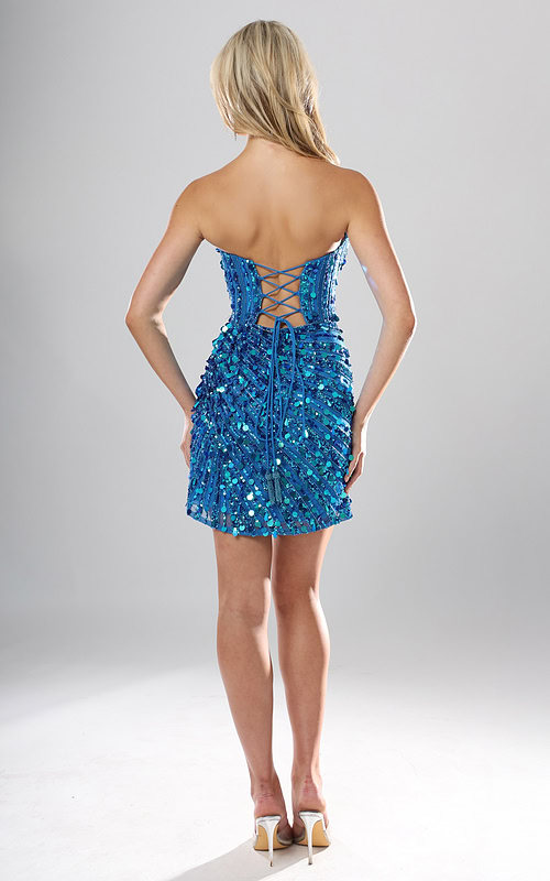 Jovani style 53770 peacock blue paillette sequin strapless corset short homecoming dress with sweetheart neckline and sheer boned bodice, front view