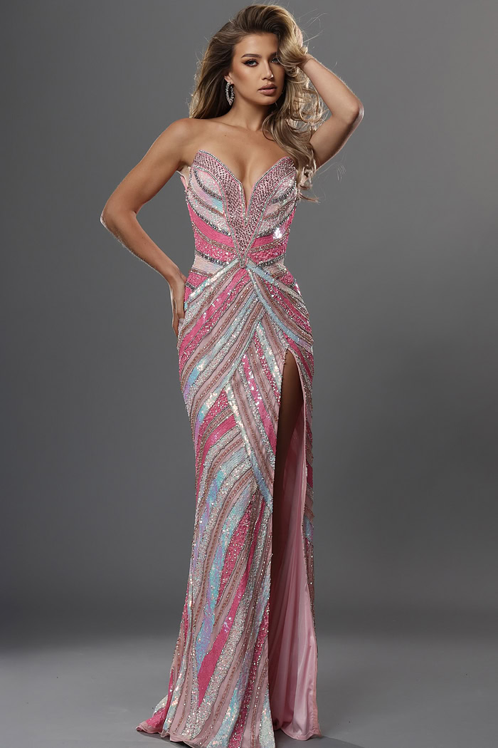 blush pink sheath long dress with strapless plunging v neckline sequin stripes high slit