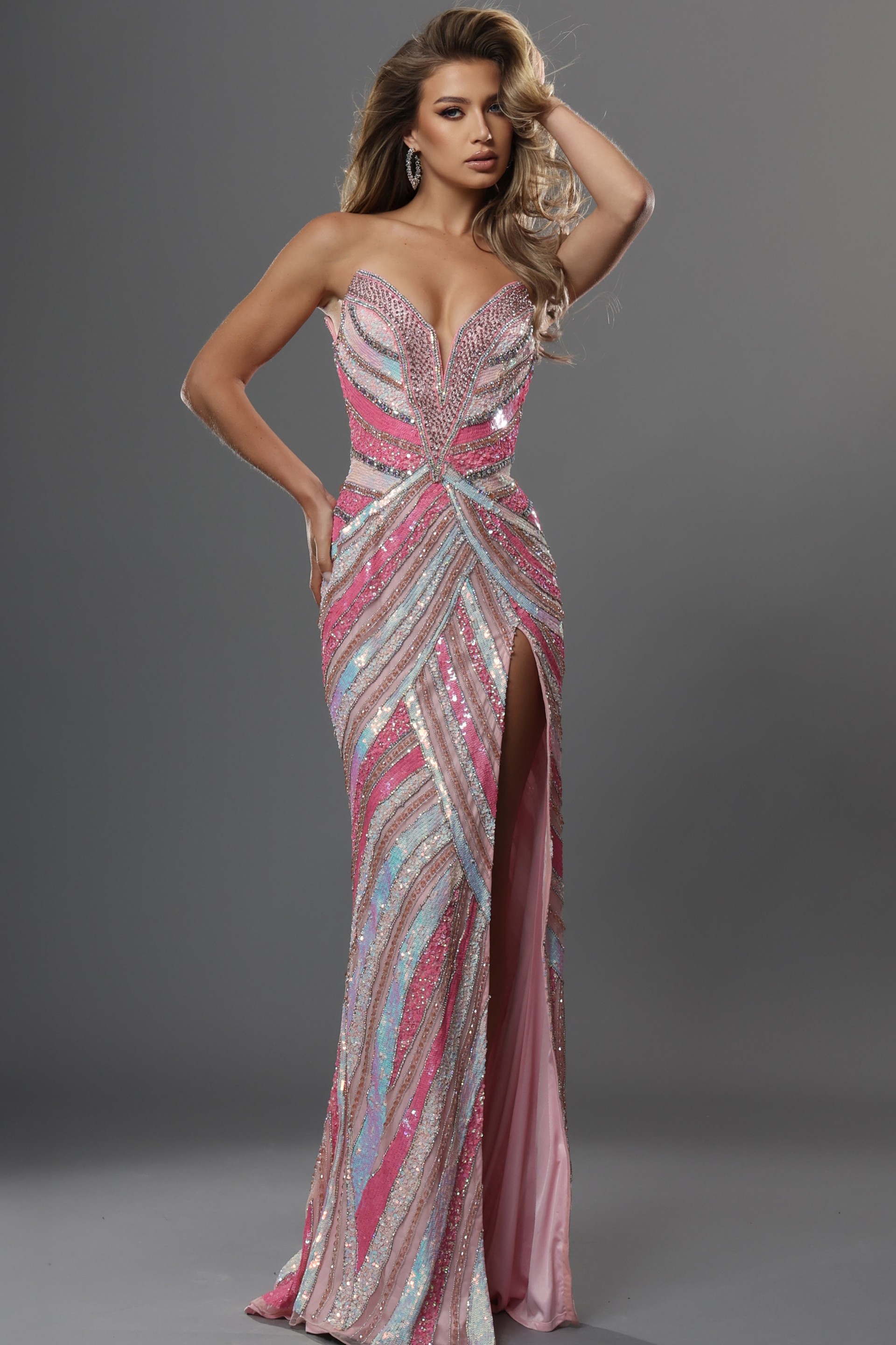 blush pink sheath long dress with strapless plunging v neckline sequin stripes high slit