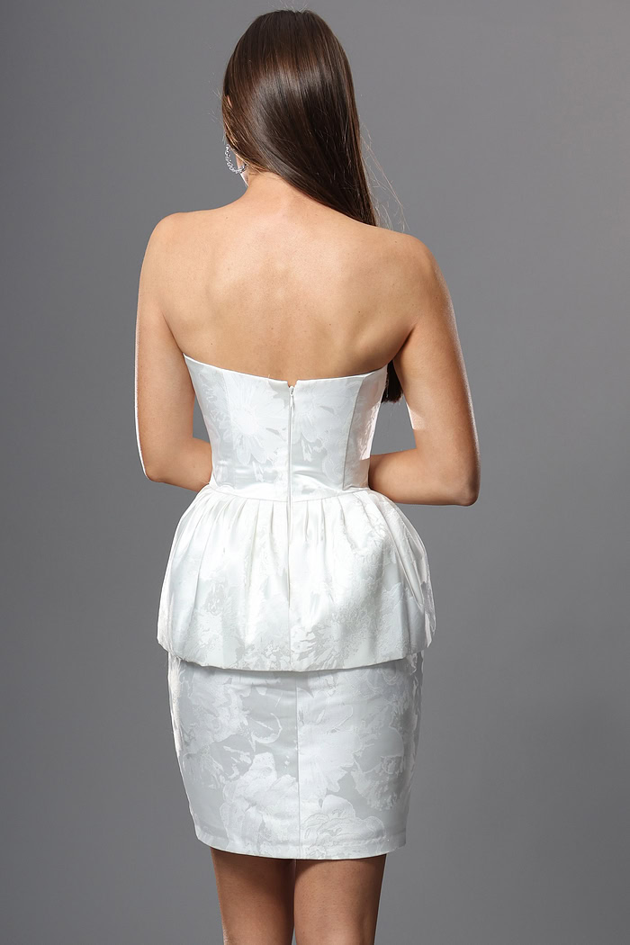 floral jacquard strapless peplum mini dress