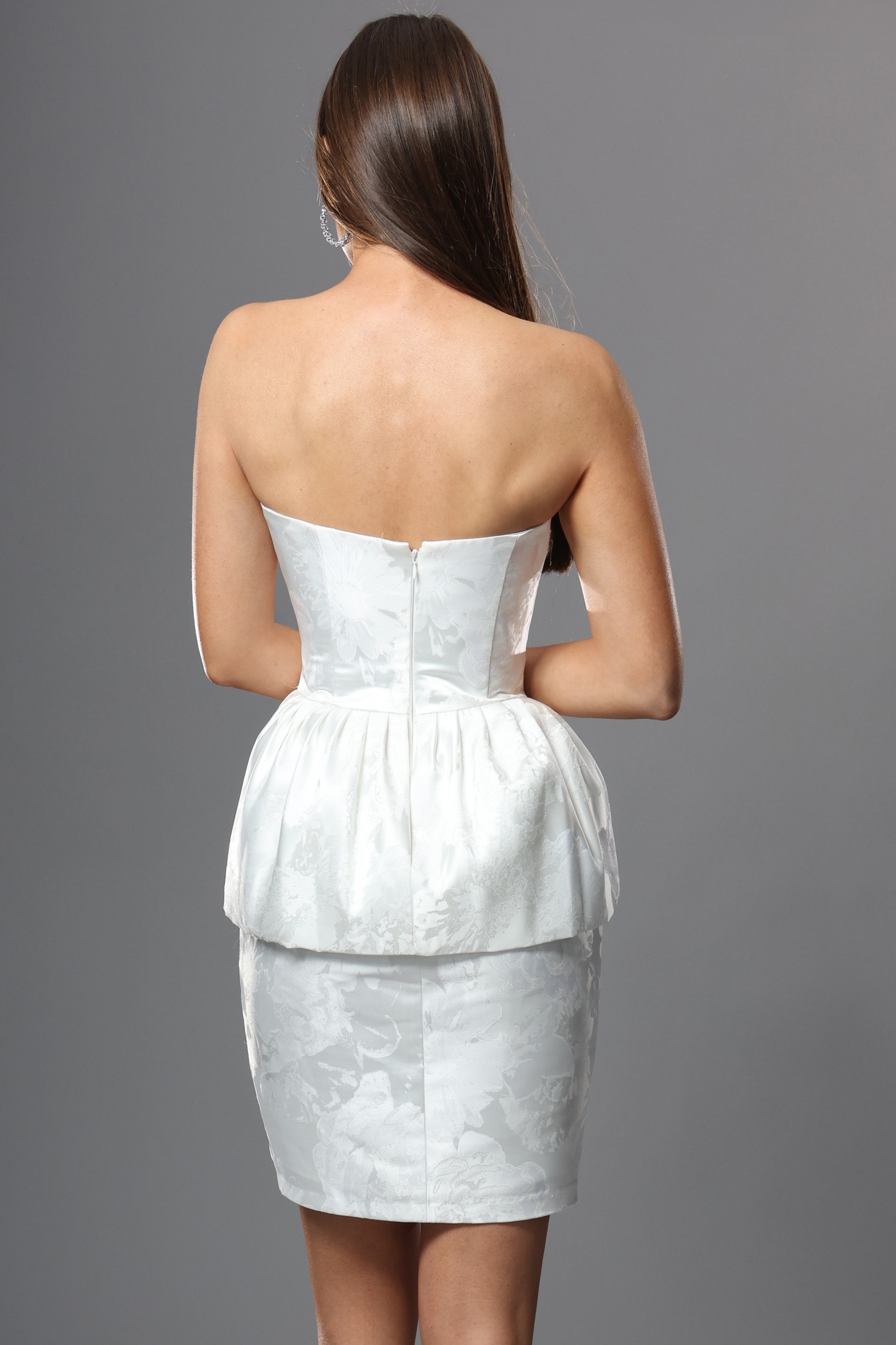 floral jacquard strapless peplum mini dress
