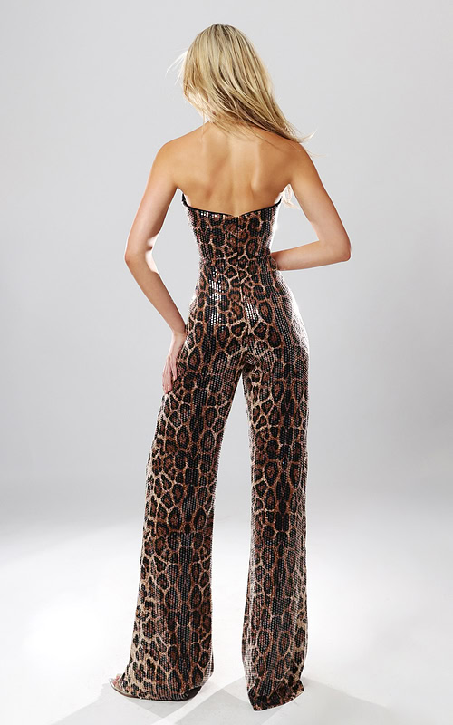 back view of leopard print sequin strapless wide leg jumpsuit with straight neckline, Jovani style 54171