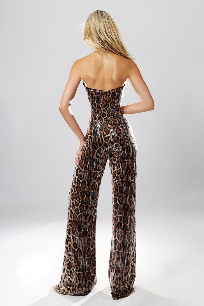 back view of leopard print sequin strapless wide leg jumpsuit with straight neckline, Jovani style 54171