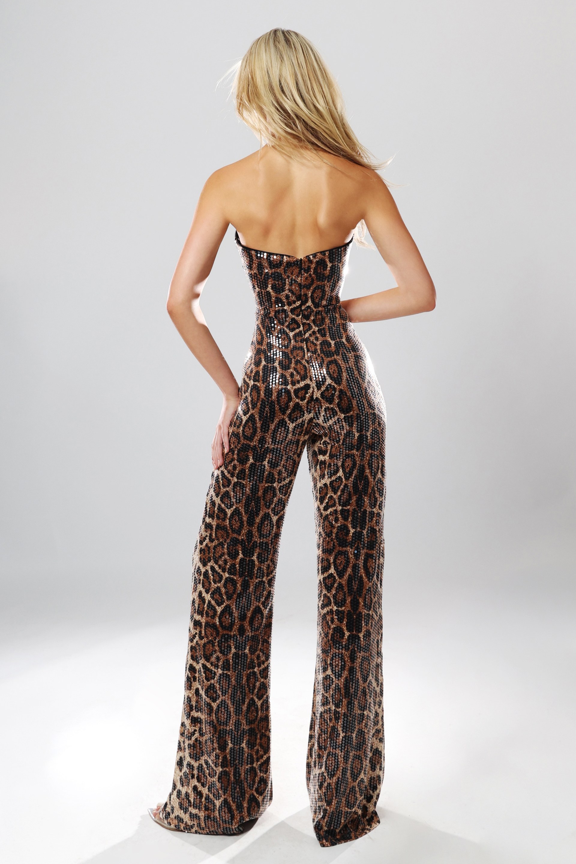 back view of leopard print sequin strapless wide leg jumpsuit with straight neckline, Jovani style 54171