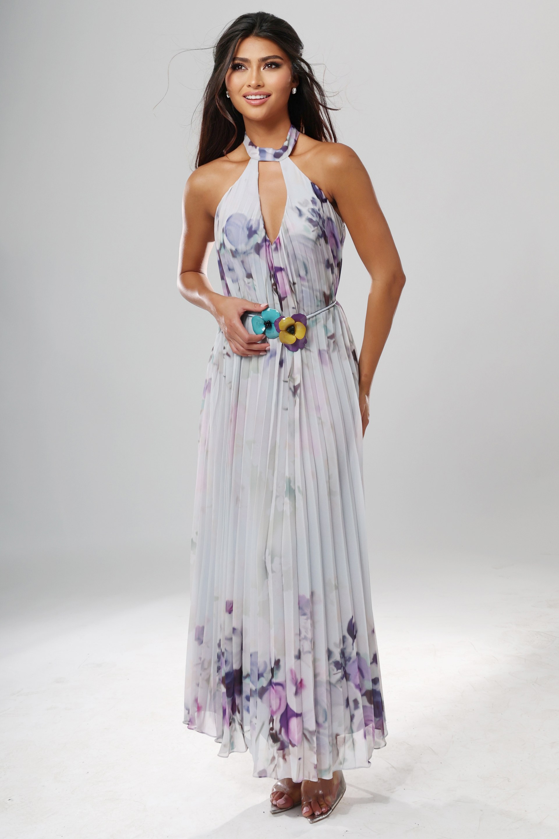 Jovani style 55317 floral print chiffon halter long dress with keyhole neckline and flower belt, front view