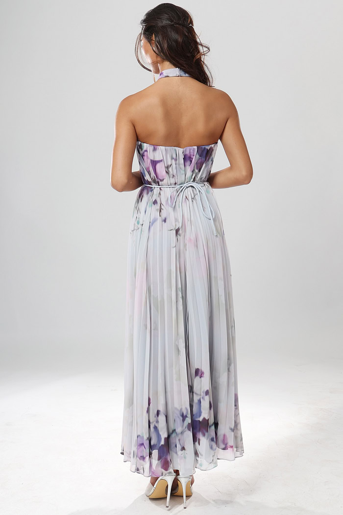 back view of floral print chiffon halter long dress with keyhole neckline and flower belt, Jovani style 55317
