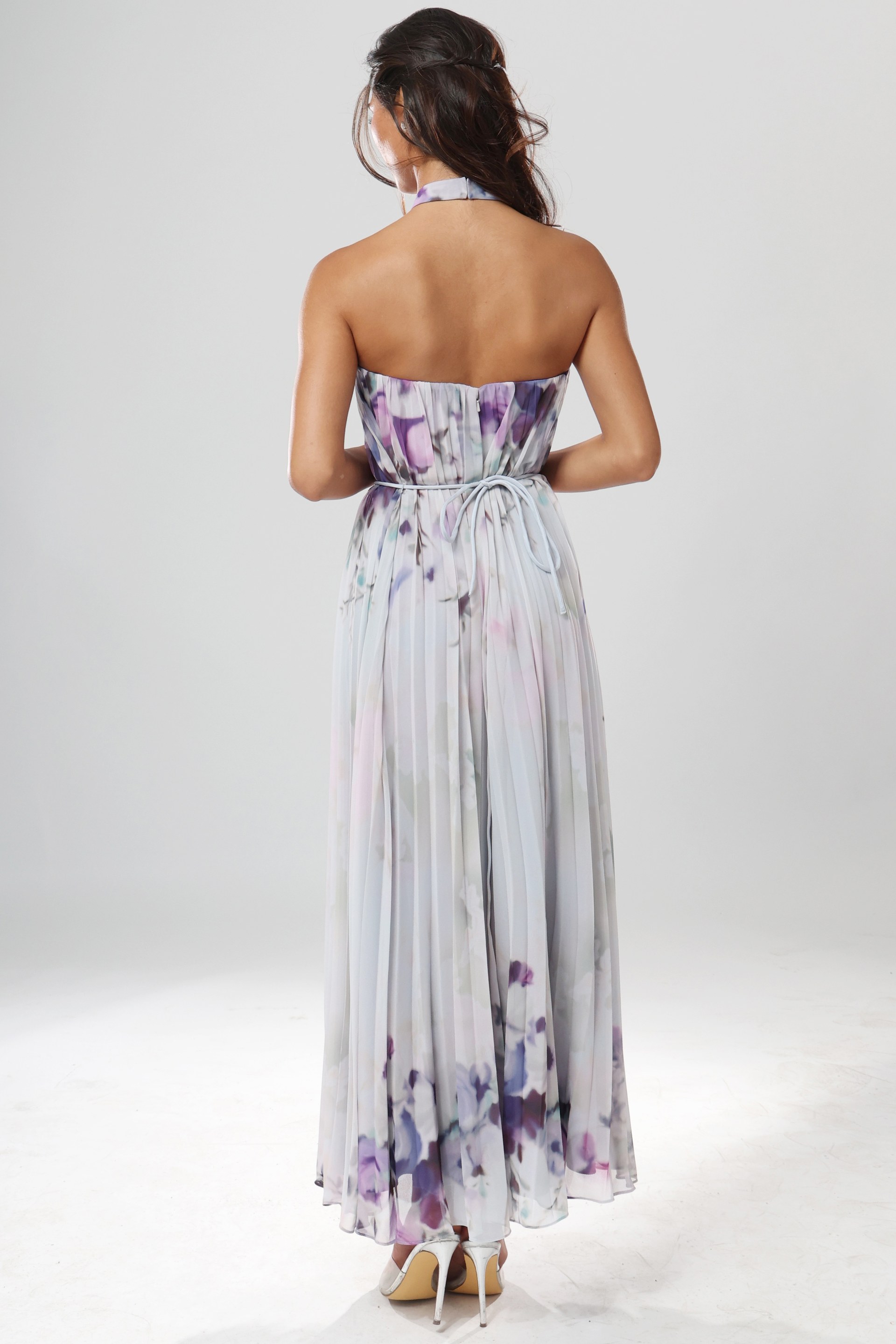 back view of floral print chiffon halter long dress with keyhole neckline and flower belt, Jovani style 55317