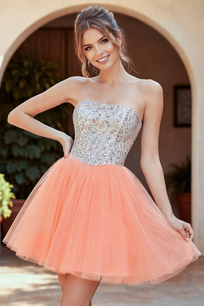 Strapless Sequin Bodice Tulle Skirt Cocktail Dress 58470