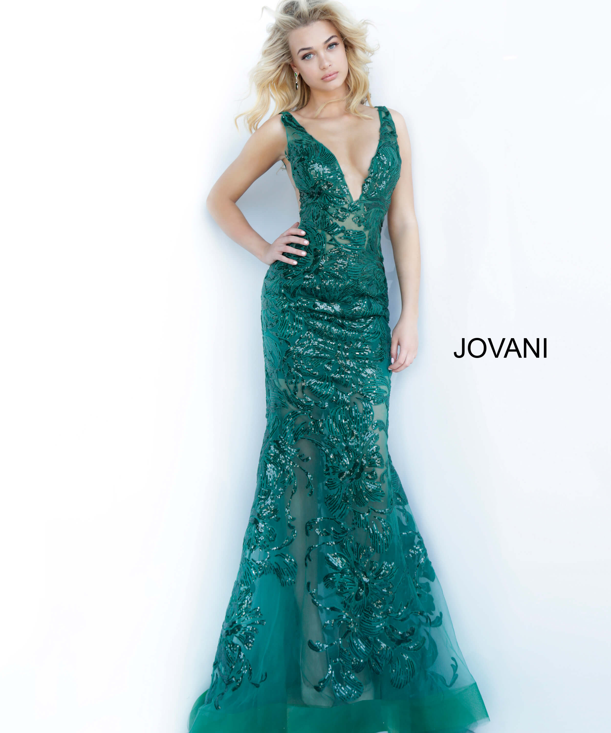 Jovani 60283 forest green mermaid gown with lace embroidery.