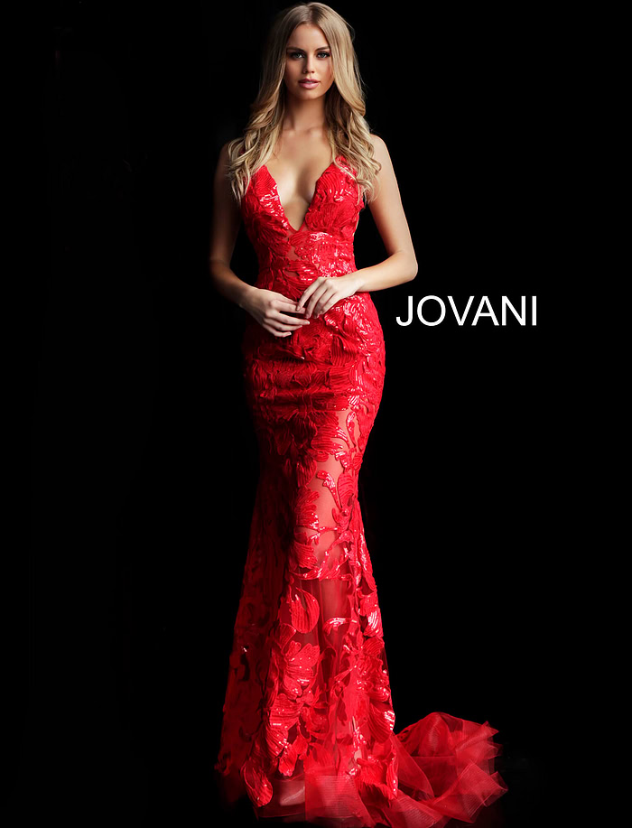 Model wearing Jovani 60283 red gown with lace embroidery and mermaid silhouette.