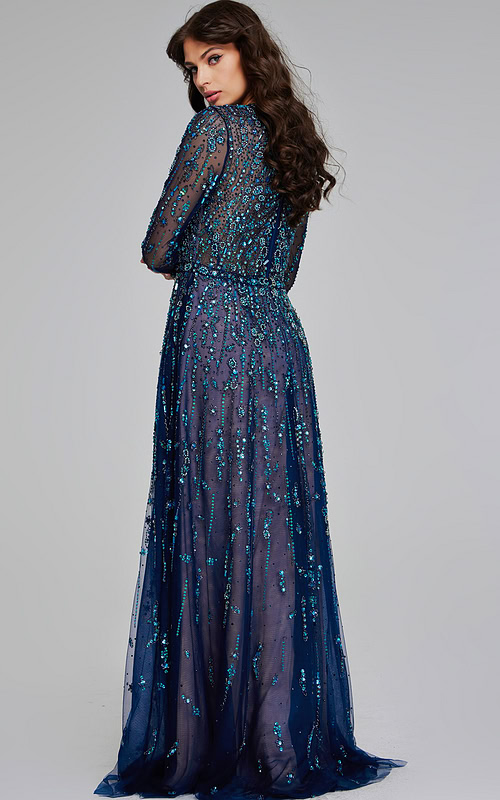 Model wearing Jovani 80807 navy gown, back view with detailed beadwork.