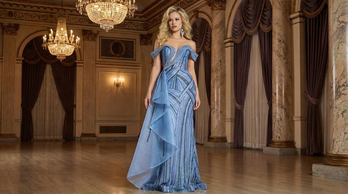 Elegant light blue beaded evening gown