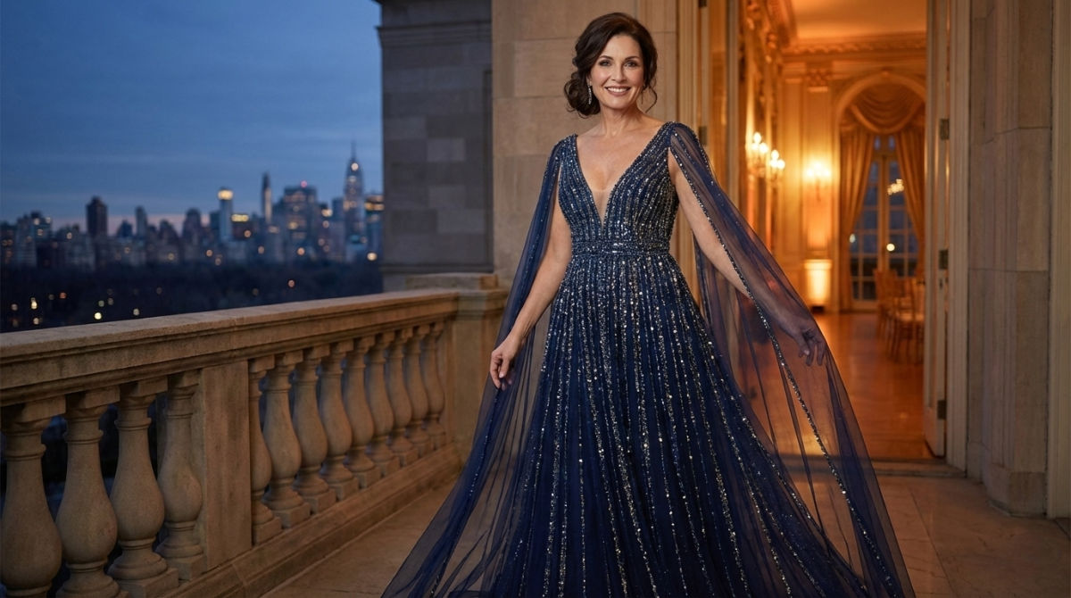 Mother of the bride wearing a sheer, beaded navy blue A-line gown with long cape sleeves on a balcony.