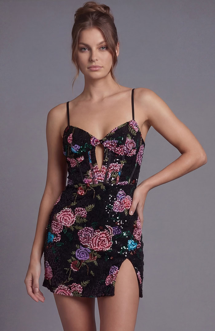 Floral Sequin Spaghetti Strap Mini Dress 49235