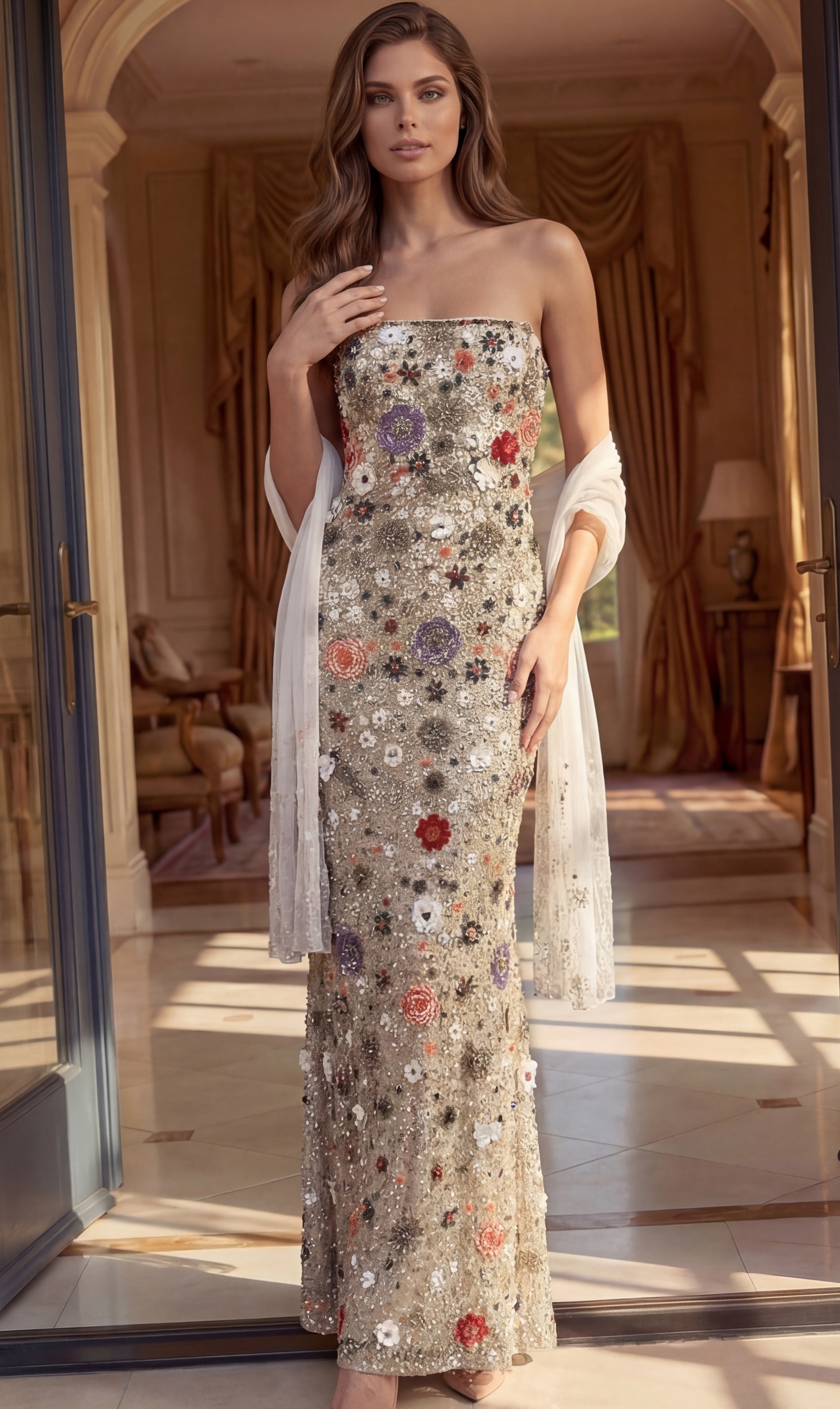Elegant evening gown with a straight-across neckline, form-fitting silhouette, and vibrant floral accents.