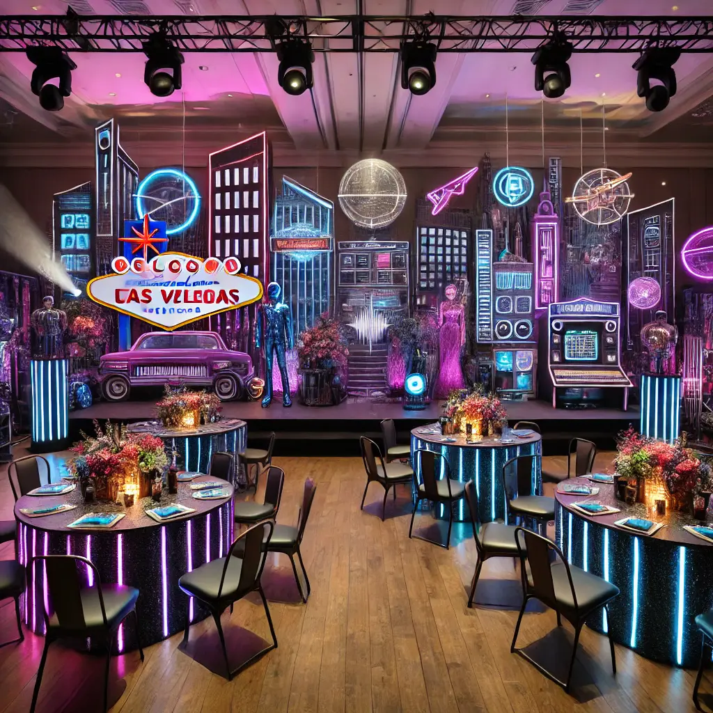 Cyberpunk city prom theme with neon lights