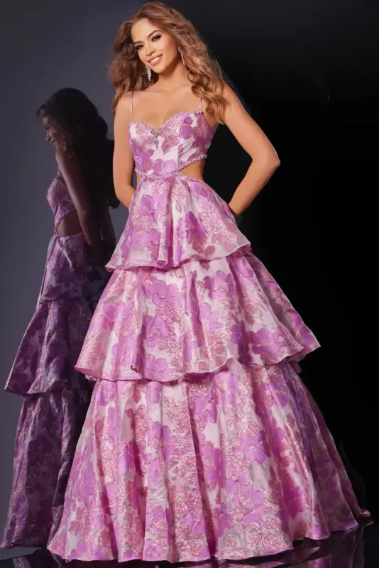 Floral brocade A-line gown style #D5994 with tiered skirt and sweetheart neckline