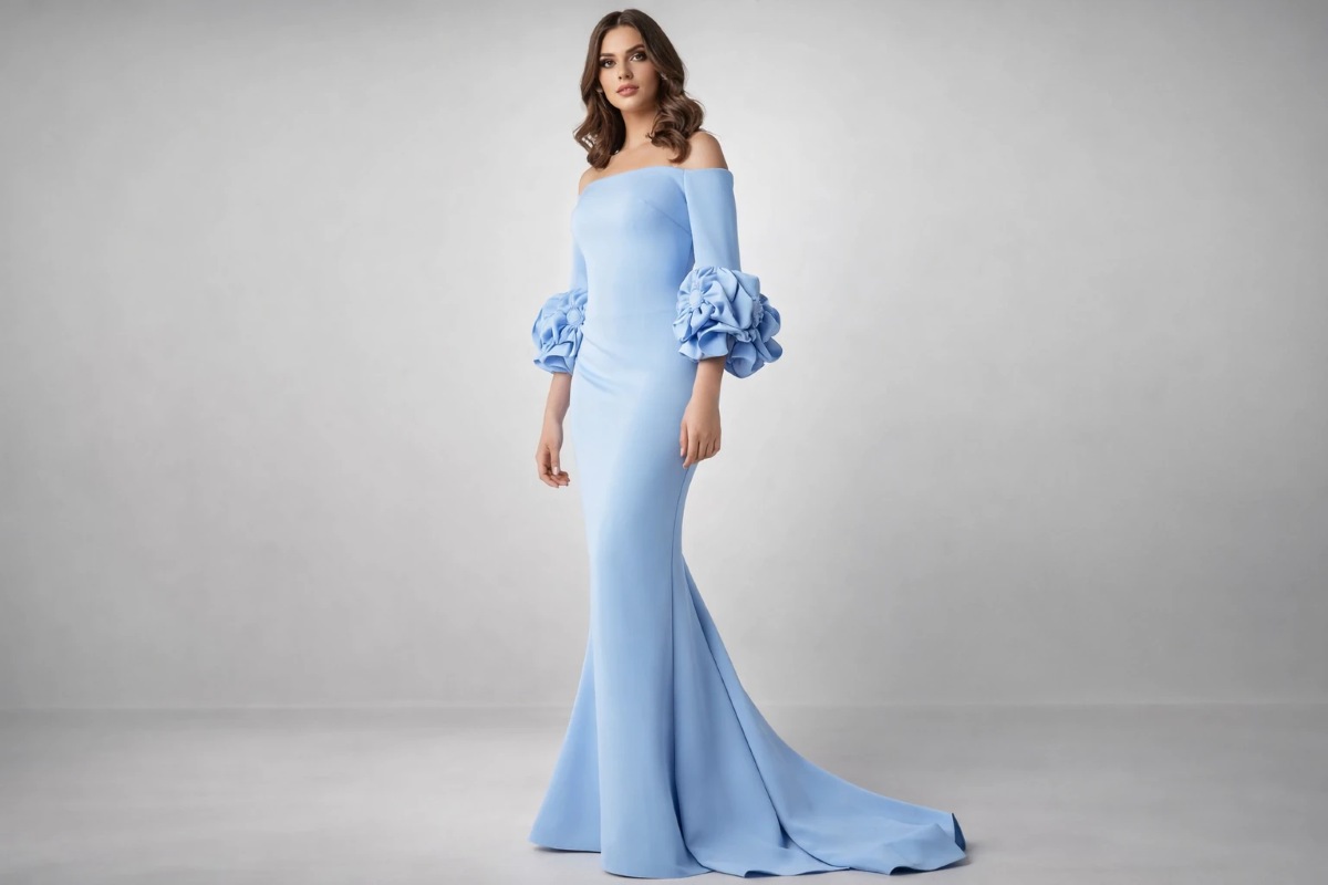 Light blue off-the-shoulder long evening gown with floral sleeve details.