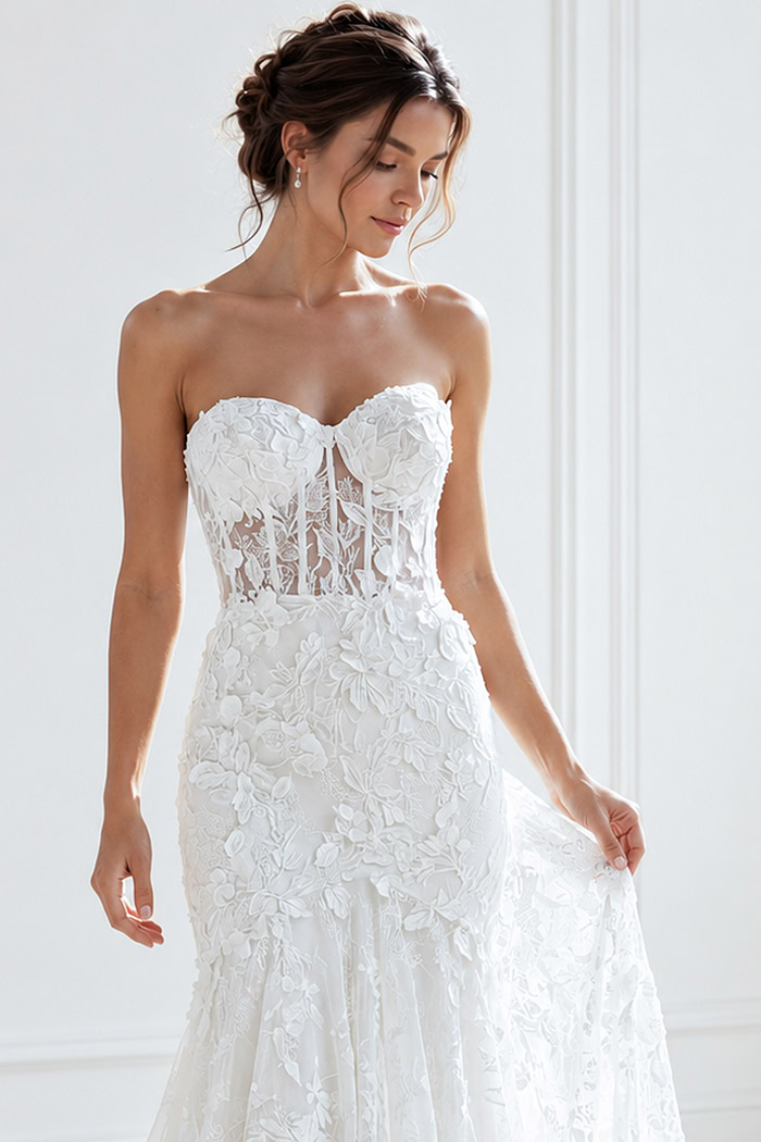 ivory floral lace strapless fit and flare wedding dress with sweetheart neckline and sheer corset bodice, front view, Jovani Bridal style JB02836