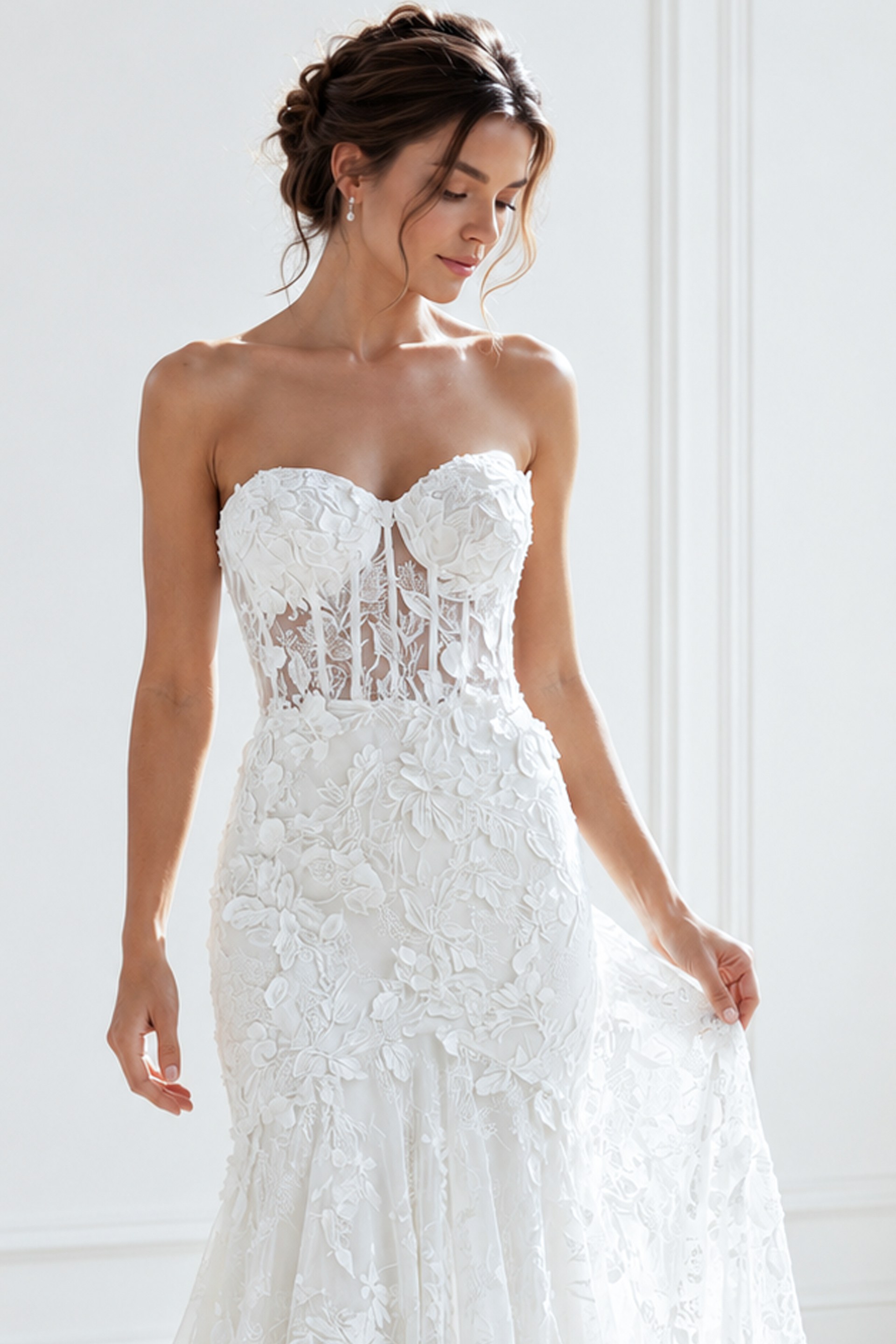 ivory floral lace strapless fit and flare wedding dress with sweetheart neckline and sheer corset bodice, front view, Jovani Bridal style JB02836